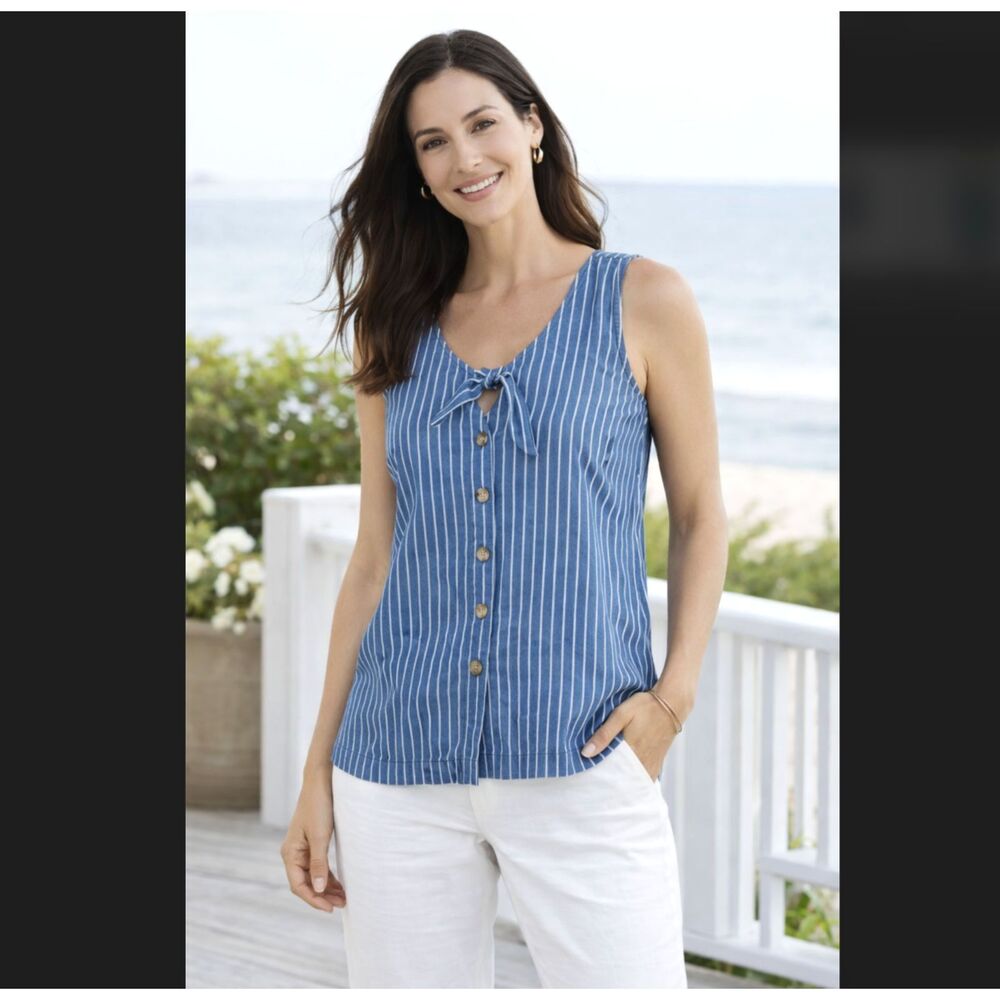 J Jill Tank Top M Blue Stripe Button Tie Neck Sleeveless Casual Coastal Nautical